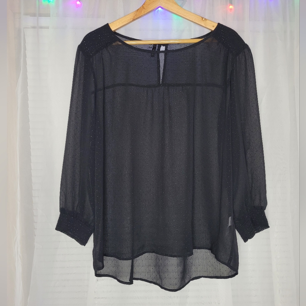Maurices Swiss Dot Blouse Womens Size XL Black Sheer Flowy 3/4 Sleeve